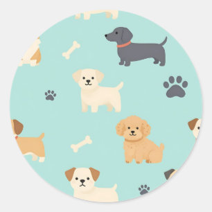Adesivo Redondo Padrão de Cachorrinhos Fofos