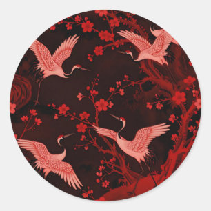 Adesivo Redondo Padrão de Chinoiserie Flor de Cerejeira do Grou Ve