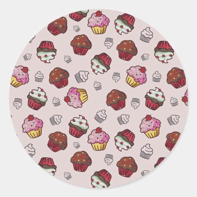 Adesivo Redondo Padrão de Cupcake Cute (Frente)