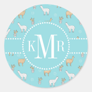 Adesivo Redondo Padrão de Cute Alpaca Llama Cactus