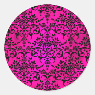 Adesivo Redondo Padrão de Damasco Floral Fucsia e Preto Brilhante