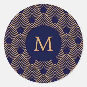Adesivo Redondo Padrão de Deco de Arte Dourada e Azul do Monogram
