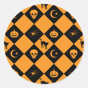 Adesivo Redondo Padrão de Diamante Laranja Negro Halloween
