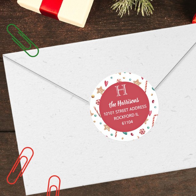 Adesivo Redondo Padrão de Doces de Férias de Endereço de Retorno (Criador carregado)