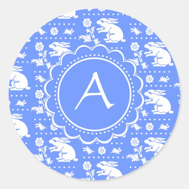 Adesivo Redondo Padrão de estilo de colheita de coelhos brancos e  (Frente)