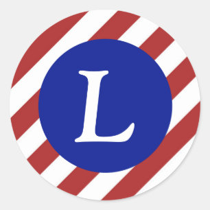 Adesivo Redondo Padrão de faixas vermelhas e brancas + círculo azu