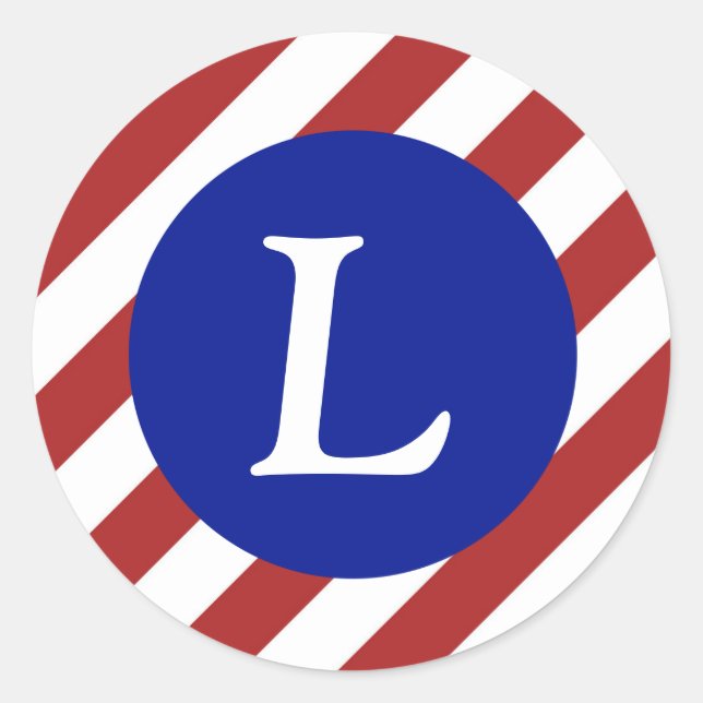 Adesivo Redondo Padrão de faixas vermelhas e brancas + círculo azu (Frente)