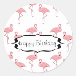 Adesivo Redondo Padrão de Flamingo Rosa de Aniversário Feliz