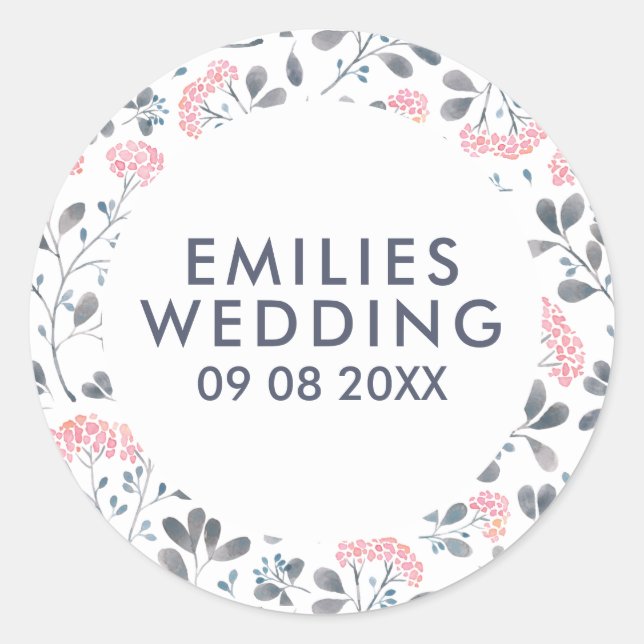 Adesivo Redondo Padrão de Flores de Aquarela Rosa Elegante (Frente)