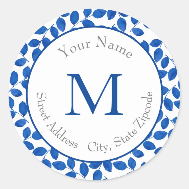 Adesivo Redondo Padrão de Folha Azul Indigo (Frente)