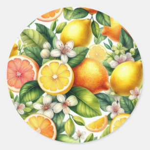 Adesivo Redondo Padrão de Frutas Cítricas em Aquarela