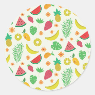 Adesivo Redondo Padrão de frutas de verão fofas e folhas tropicais