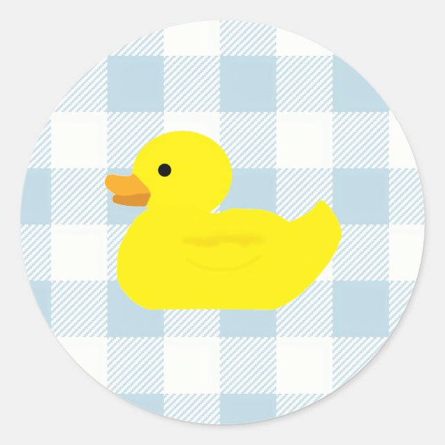 Adesivo Redondo Padrão de Gingham Azul Pato de Borracha (Frente)