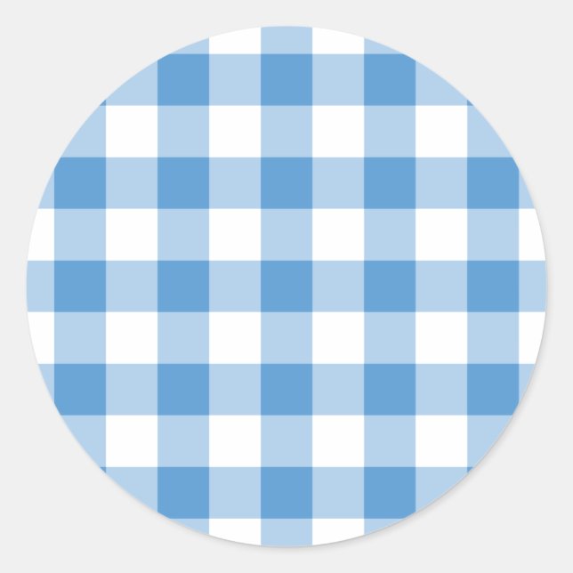 Adesivo Redondo Padrão de Gingham Branco e Azul Claro (Frente)