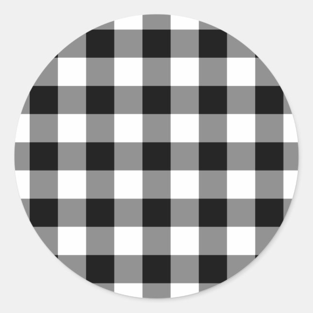 Adesivo Redondo Padrão de Gingham Preto e Branco (Frente)
