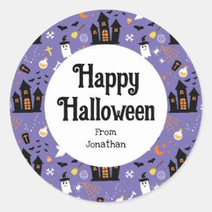 Adesivo Redondo Padrão de Halloween ilustrado com roxo