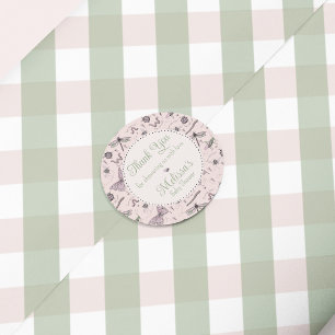 Adesivo Redondo Padrão de Insetos e Gingham para Bebês Cor-de-Rosa
