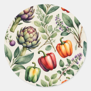 Adesivo Redondo Padrão de Jardim de Legumes em Aquarela