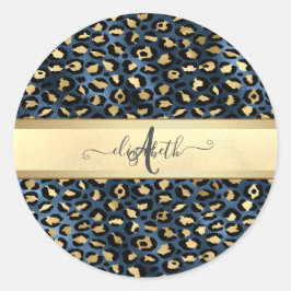 Adesivo Redondo Padrão de Leopardo Preto Bronze Monograma   