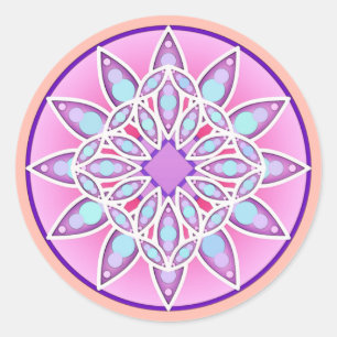 Adesivo Redondo Padrão de Mandala em lavanda, orquídea e coral