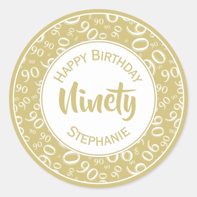 Adesivo Redondo Padrão de Número de Aniversário do 90 Dourado e Br (Frente)