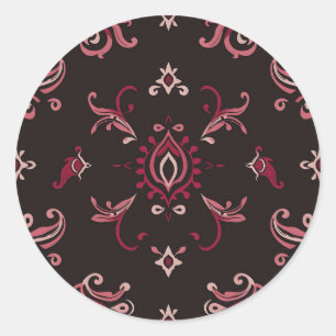 Adesivo Redondo Padrão de Ornamento Floral Damasco Borgonha