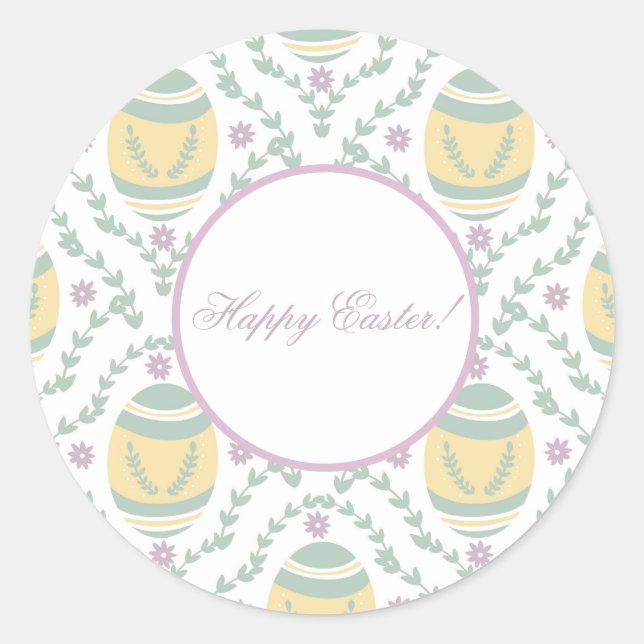 Adesivo Redondo Padrão de Ovos de Páscoa Pastel Damask (Frente)