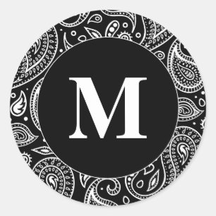 Adesivo Redondo Padrão de Paisley Floral Preto e Branco Monograma