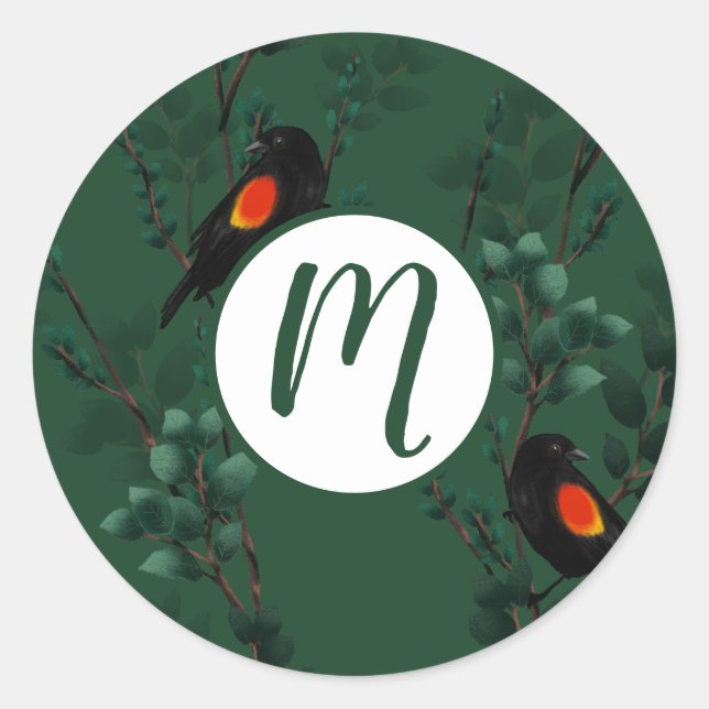 Adesivo Redondo Padrão de Pássaro Negra Vermelho (Frente)
