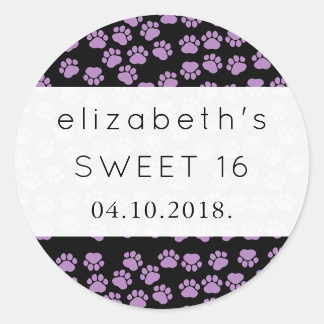 Adesivo Redondo Padrão De Patas, Patas Roxas, Patas Cachorro, Doce (Frente)