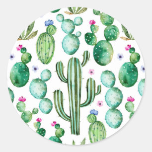 Adesivo Redondo Padrão de Plantas de Cactus Watercolor