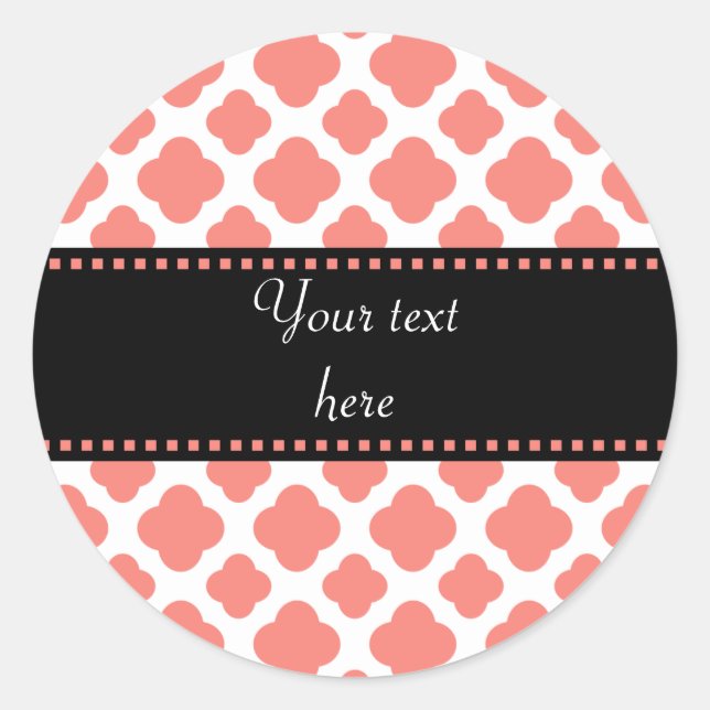 Adesivo Redondo Padrão de Quatrefoil Rosa Coral (Frente)