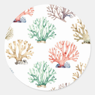 Adesivo Redondo Padrão de Recife de Coral em Aquarela