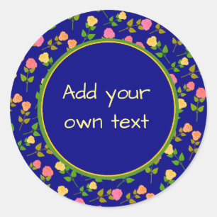 Adesivo Redondo Padrão de Rosa Azul Bonita com Texto Personalizado