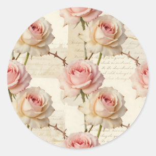 Adesivo Redondo Padrão de Rosa Rosa Pálido Vintage em Letra