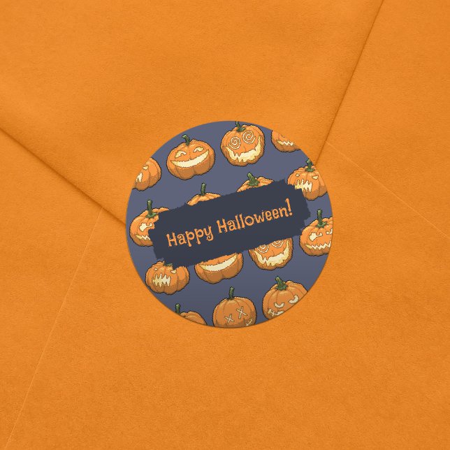 Adesivo Redondo Padrão de Seis Jack o'Lanterna Pixel Pumpkins (Criador carregado)