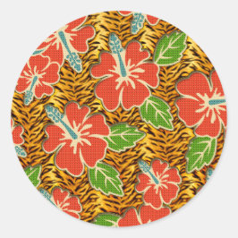 Adesivo Redondo Padrão de Tigre Selvagem das Flores Tropicais