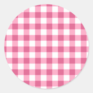 Adesivo Redondo Padrão De Verificação De Gingham, Rosa E Branco