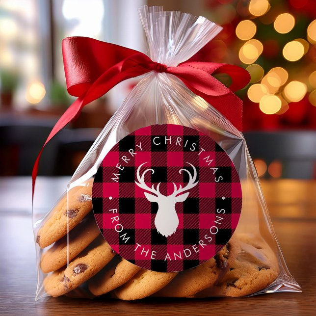 Adesivo Redondo Padrão de Xadrez de Natal e Veado (Criador carregado)