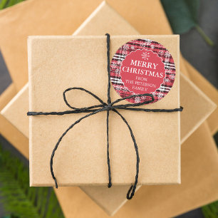 Adesivo Redondo Padrão de xadrez do flanela editável vermelho es