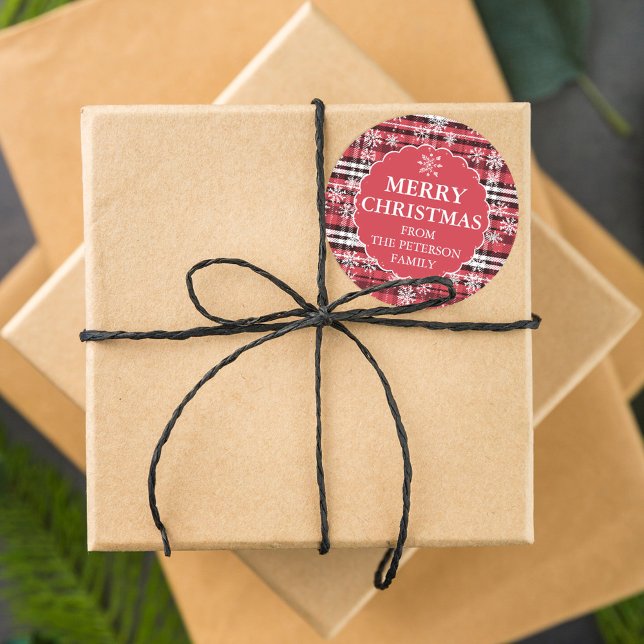 Adesivo Redondo Padrão de xadrez do flanela editável vermelho escu (Criador carregado)