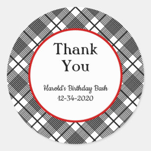 Adesivo Redondo Padrão de Xadrez preto e branco editável Obrigad