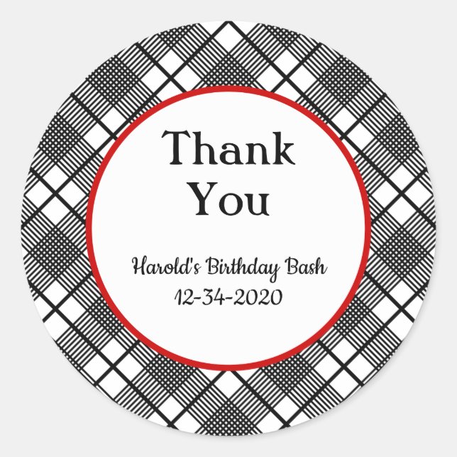 Adesivo Redondo Padrão de Xadrez preto e branco editável Obrigado (Frente)