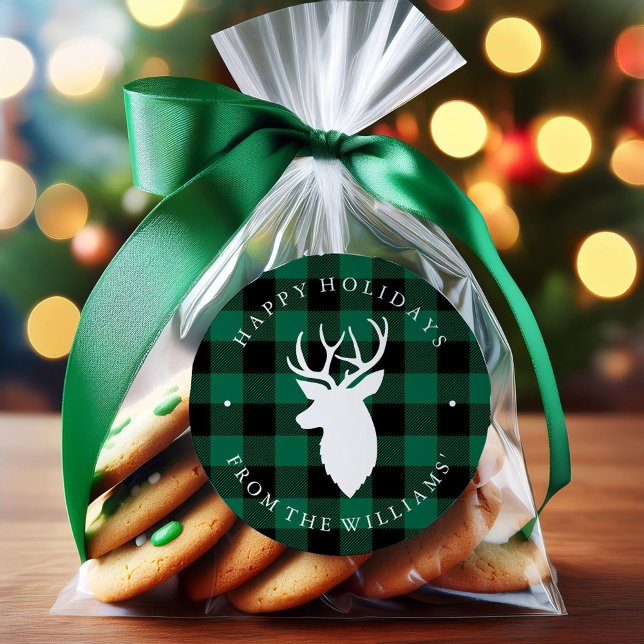 Adesivo Redondo Padrão de Xadrez Russo Verde e Veado (Criador carregado)