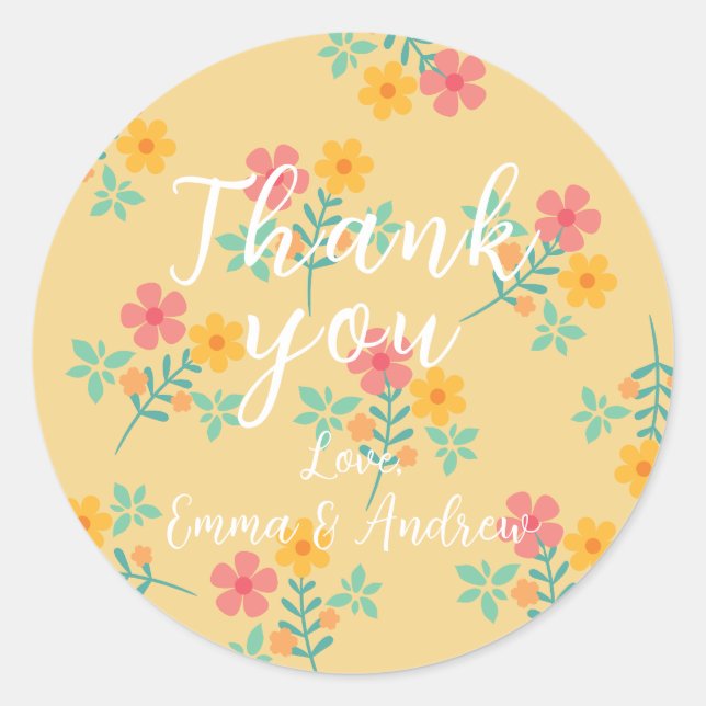 Adesivo Redondo Padrão do Buquê Retro Daisy em Amarelo (Frente)