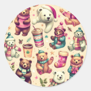 Adesivo Redondo Padrão do Urso de Teddy de Inverno Cute Vintage