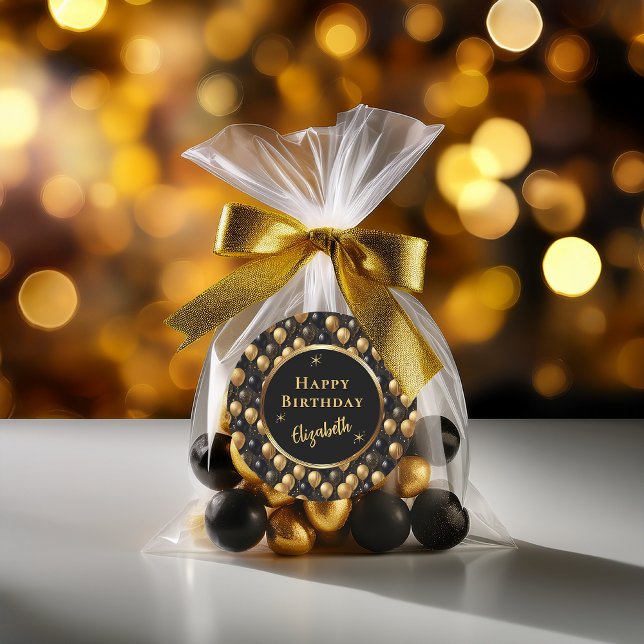 Adesivo Redondo Padrão Elegante Black Glitter Balloons A021 (Elegant Black and Faux Gold Glitter Balloons Pattern "Happy Birthday" Favor Stickers)