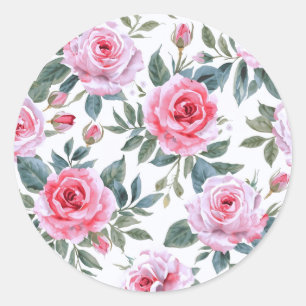 Adesivo Redondo Padrão Elegante de Aquarela de Rosa Rosa