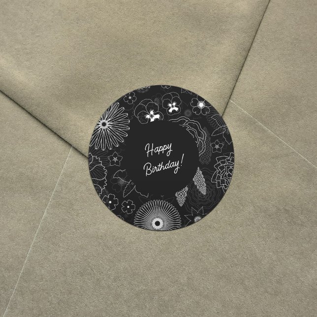 Adesivo Redondo Padrão Elegante de Flores Brancas e Cinzas (Criador carregado)