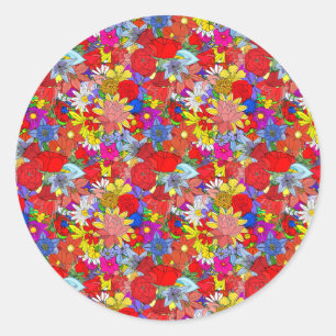 Adesivo Redondo Padrão Floral Amarelo Azul Roxo Vermelho Verde